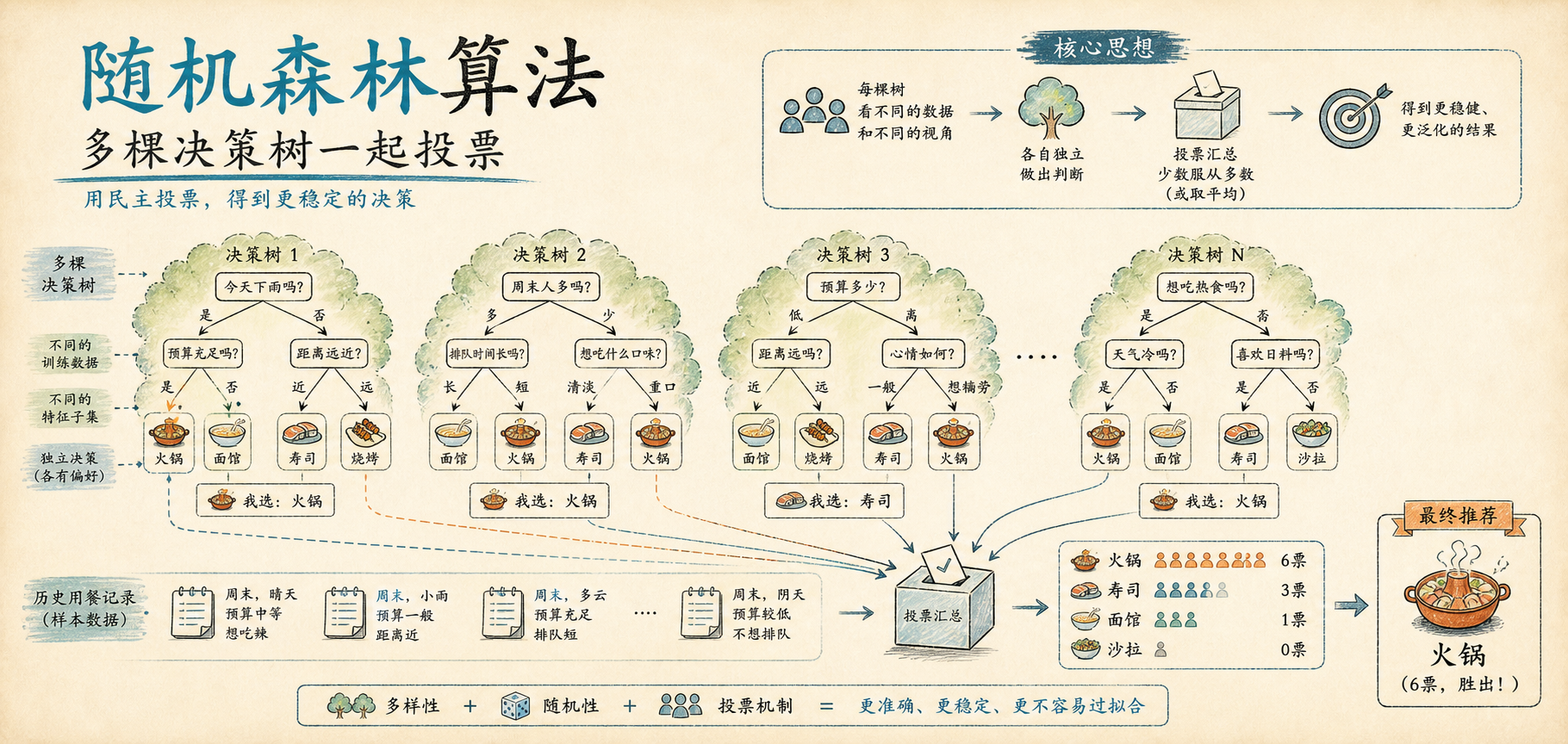 随机森林算法：用“周末吃饭投票”讲清楚它为什么靠谱
