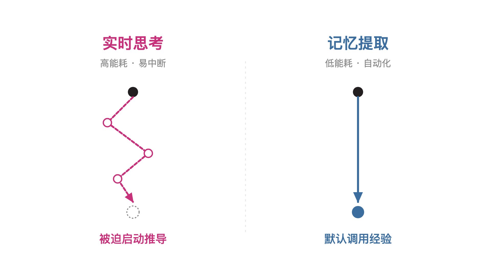 实时思考(高能耗回路) vs 记忆提取(低能耗通路)